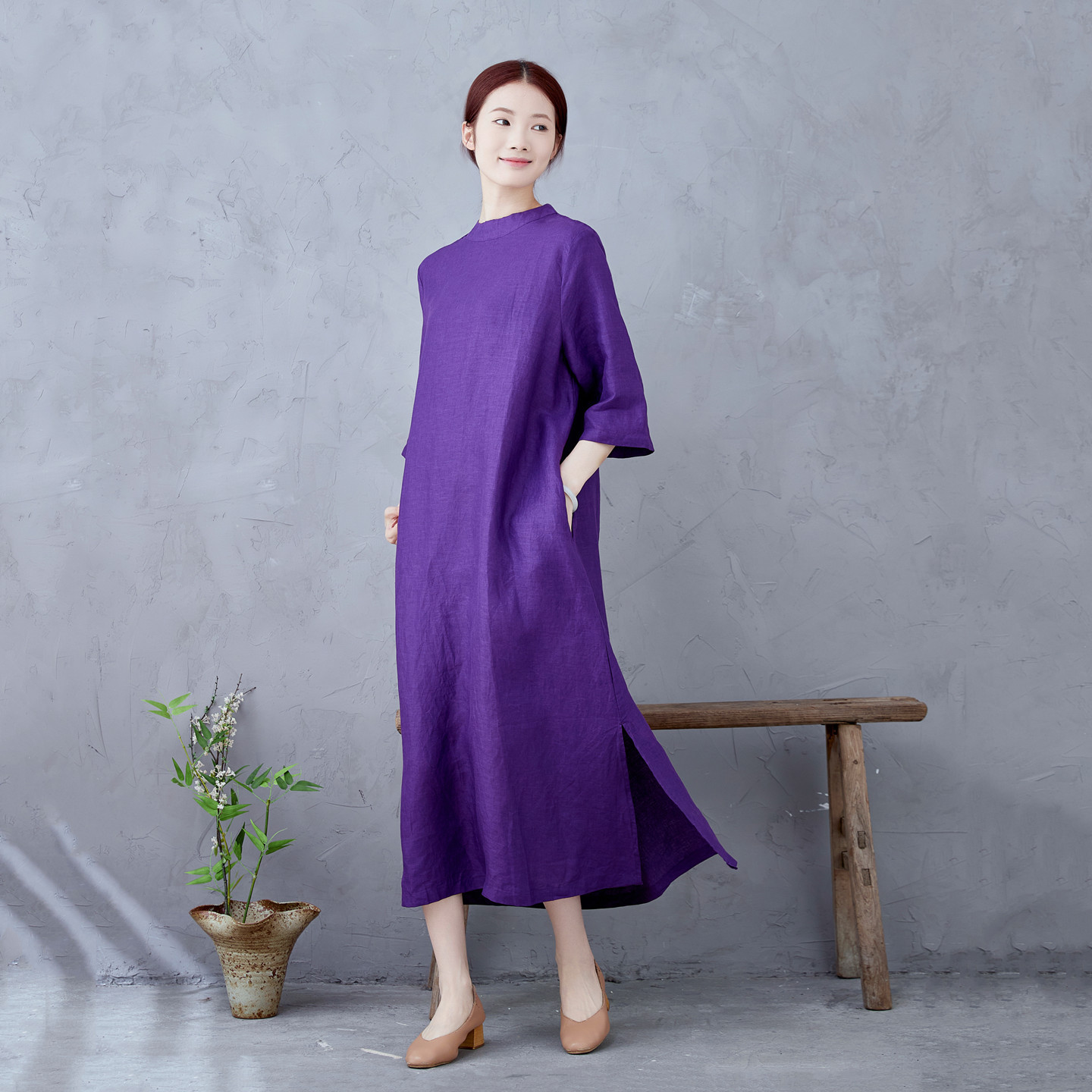 实拍帝王紫色亚麻连衣裙袍子改良旗袍新款大码显瘦女春夏秋七分袖