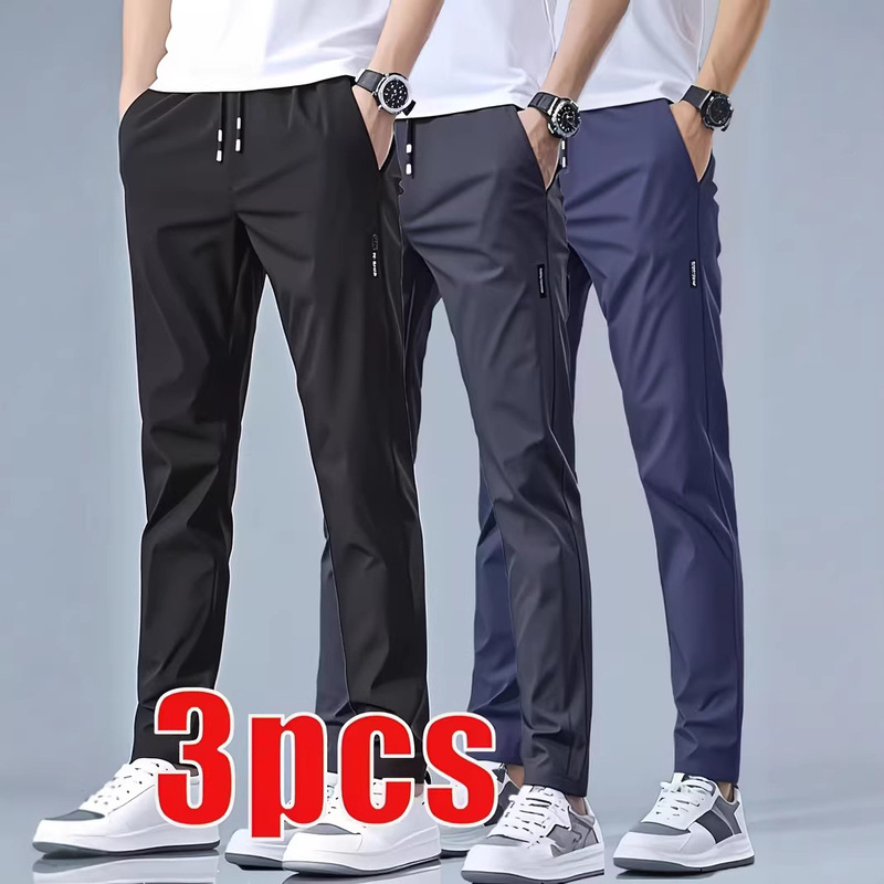 Cross-Border European Size Summer Short-Sleeve Lightweight Ice Silk Fiber Casual Straight-Leg Pants Quick-Dry Elastic Waistband Solid Color Cross-Border European Size Summer Short-Sleeve Lightweight Ice Silk Fiber Casual Straight-Leg Pants Quick-Dry Elastic Waistband Solid Color