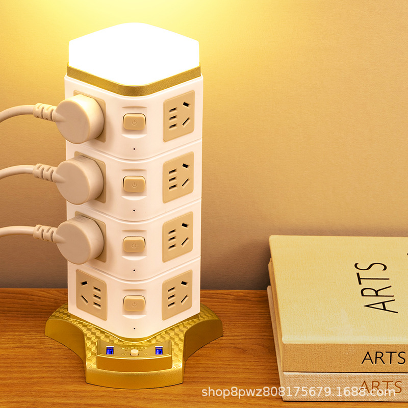 立式插座带护眼夜灯多功能USB多孔带线插线板 塔型独立开关接线板