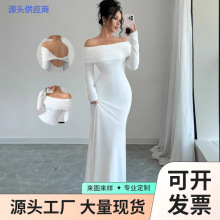 2025外贸速卖通欧美女装交叉露背性感一字领连衣裙优雅长裙晚礼服
