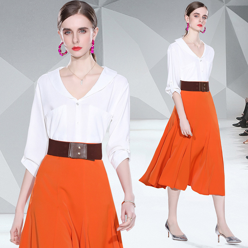 2022新品实拍现货 小清新白色衬衣+橘色拼接半身裙二件套