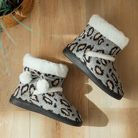 新款豹纹棉靴 冬季包跟家居靴 加绒厚底室内外保暖鞋亚马逊批发