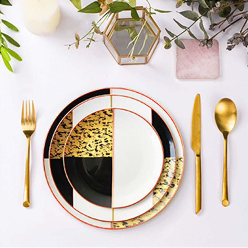 26-Year-Old Shanxi Shuozhou Creative Light Luxury Leopard Print Minimalist Shanxi Black and Gold Bone China Dinner Plate Set