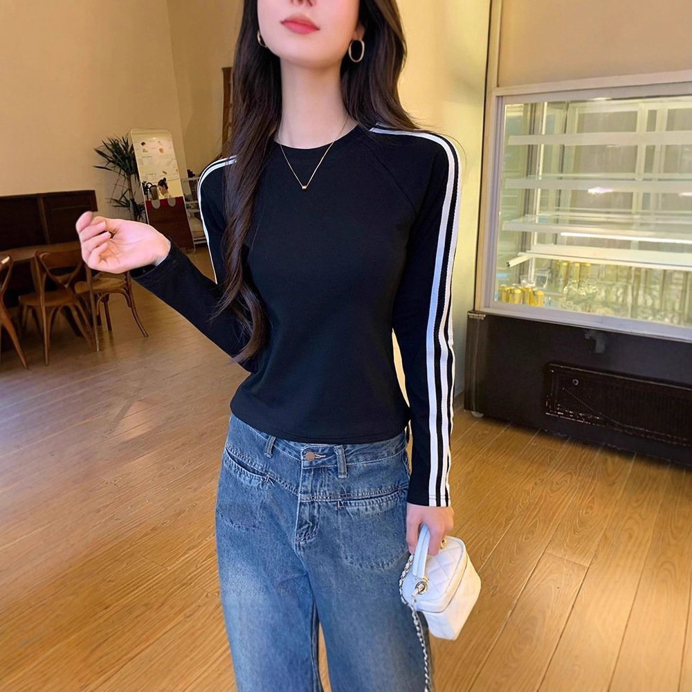 American Retro Three-Stripe Round Neck Long-Sleeved T-Shirt for Women Spring, Autumn and Winter New Style Simple Inner Wear Slim Velvet Top Ins