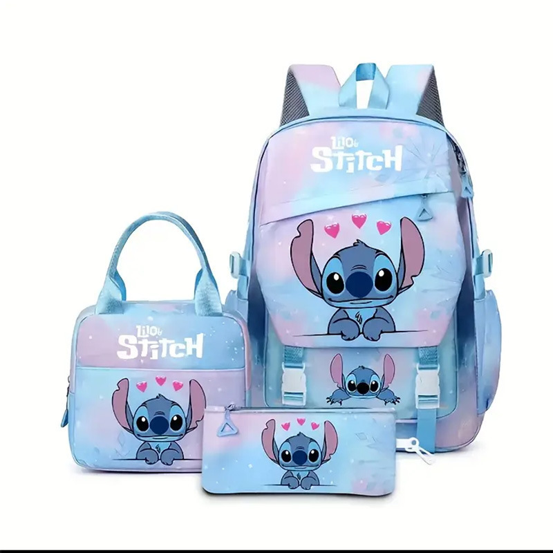 Ventas transfronterizas calientes de Stitch, Stitch, mochila de estudiantes de primaria y secundaria, mochila de tres piezas, bolsas de bolsillo en stock
