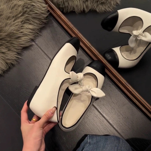 Sheepskin version ~ Little perfume butterfly bow Mary Jane single shoes for women, comfortable round head shallow mouth color matching platform ballet shoes