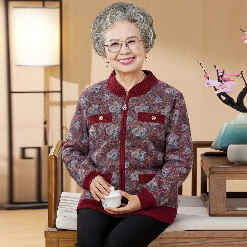 中老年女裝奶奶春秋裝毛衣外套加絨加厚針織開衫媽媽秋冬保暖衣服，女裝短外套，妃慕昵服飾