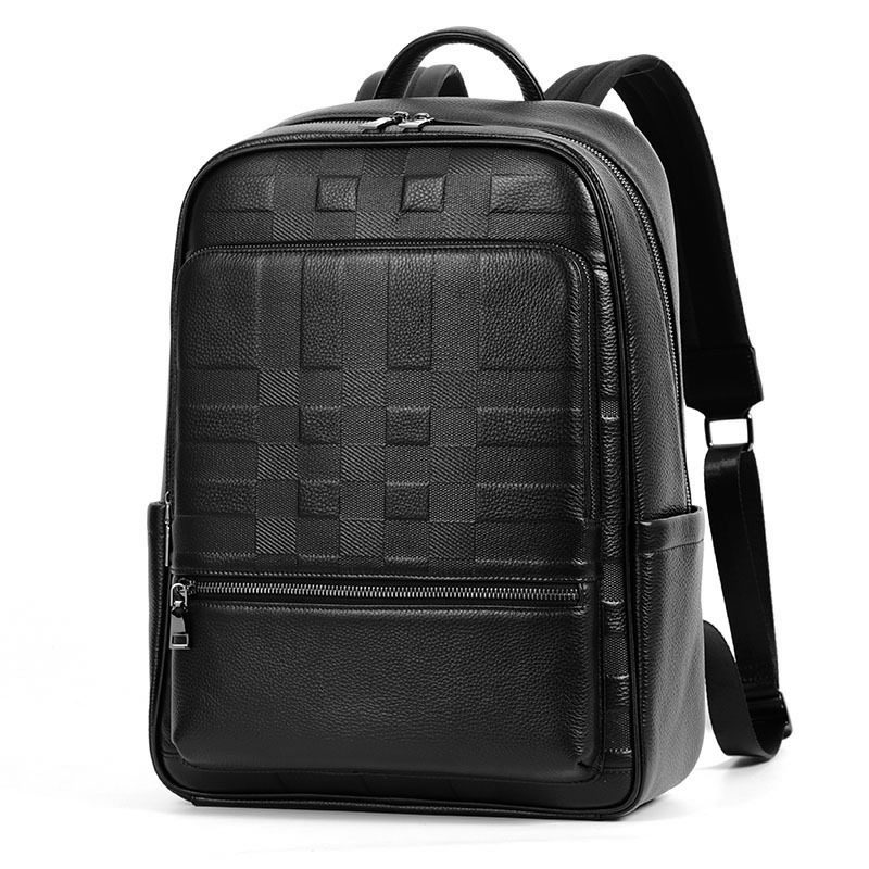 Ba lô nam da bò thật sức chứa lớn, ngăn laptop 16 inch, kiểu dáng sọc, dùng đi làm và du lịch — Màu đen