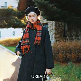 现货urbanic30翻领羊毛呢大衣冬韩版简约通勤撞色人字纹外套女