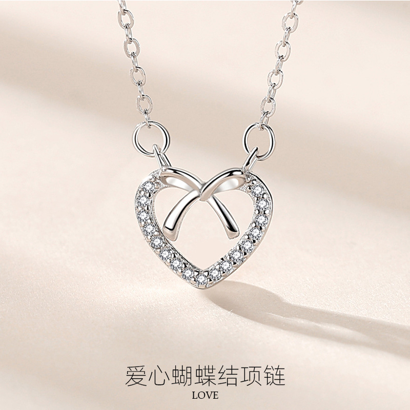 Collar de plata esterlina s925 collar de arco en forma de corazón para las mujeres estilo japonés y coreano de moda estilo coreano en forma de corazón diamante clavícula cadena diseño