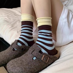 ドーパミンコントラストストライプ二重層ソックスカールエッジパイルソックス女性の春と秋の無地日本製スポーツミッドカーフソックス