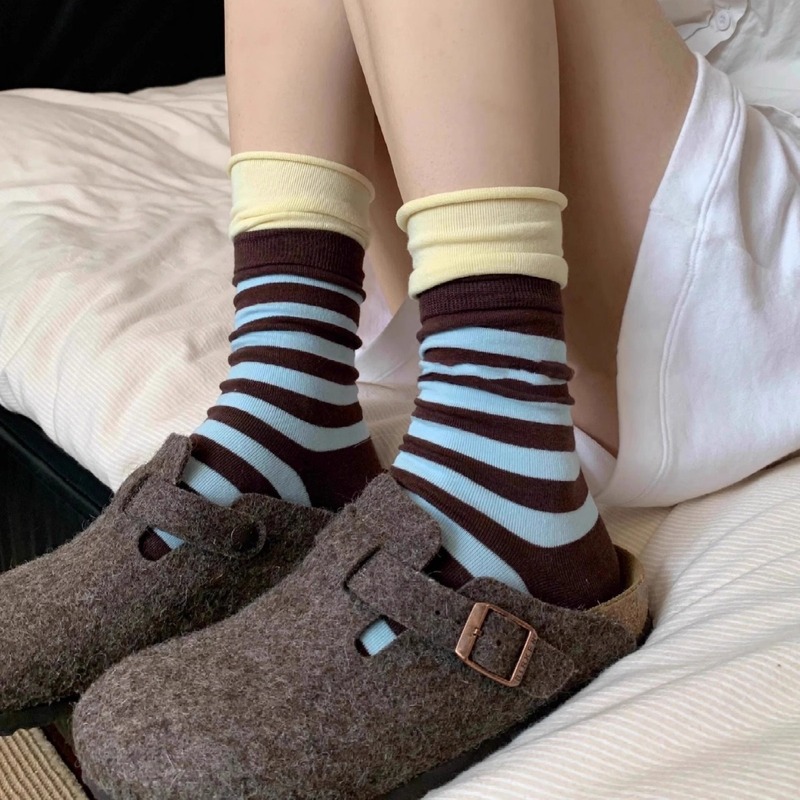 Dopamine Contrast Color Stripe Double-layer Socks with Curl Mouth Stacked Socks for Children Spring and Autumn Solid Color Japanese Sports Mid-body Socks Dopamine Contrast Color Stripe Double-layer Socks with Curl Mouth Stacked Socks for Children Spring and Autumn Solid Color Japanese Sports Mid-body Socks