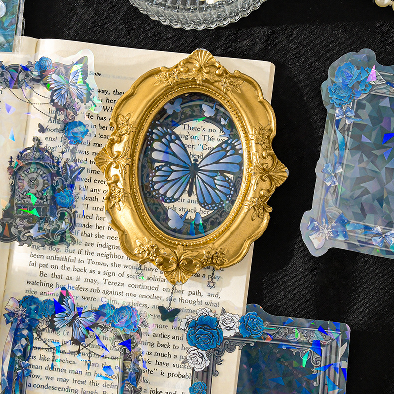 Paquete de pegatinas de luz láser de Mu Ran, serie clásica, tema de marco floral, pegatinas decorativas de material de cuenta manual