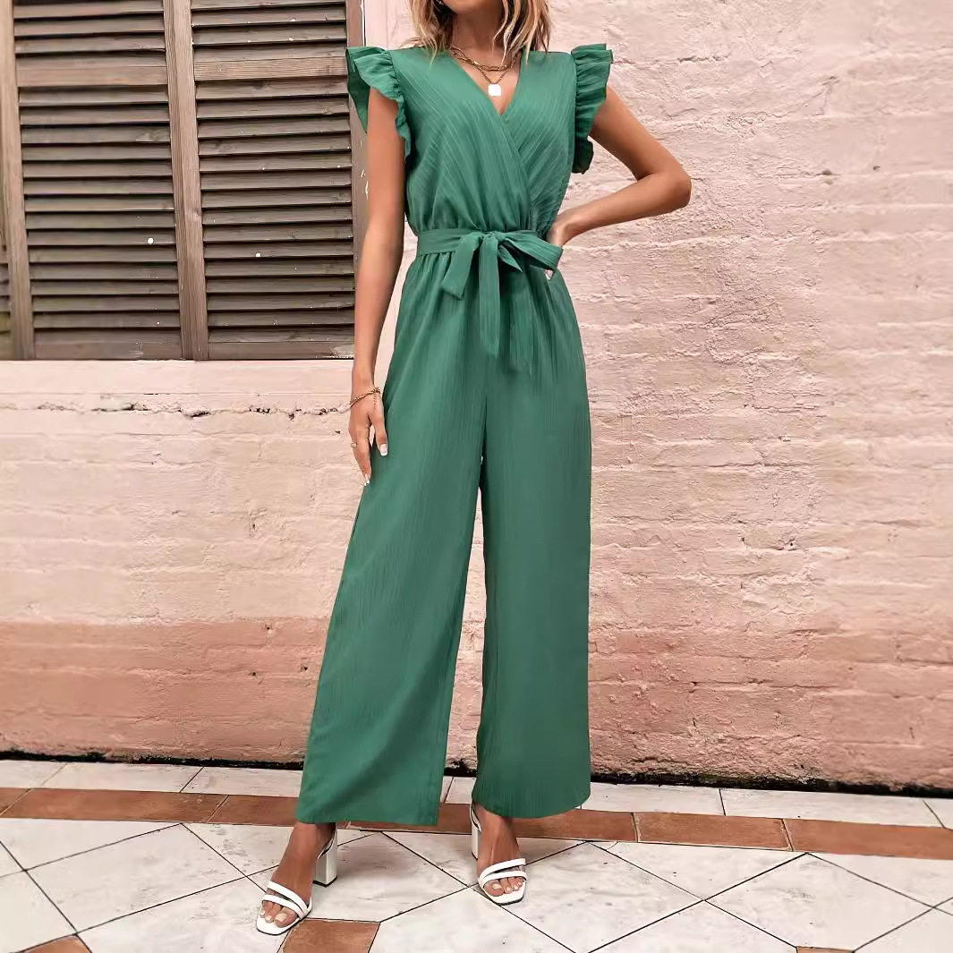Pre-Sale-72265 Cross-Border European and American Foreign Trade Women's Fashion Versatile Slim-Fit V-Neck High-Waisted Tie-Up Jumpsuit