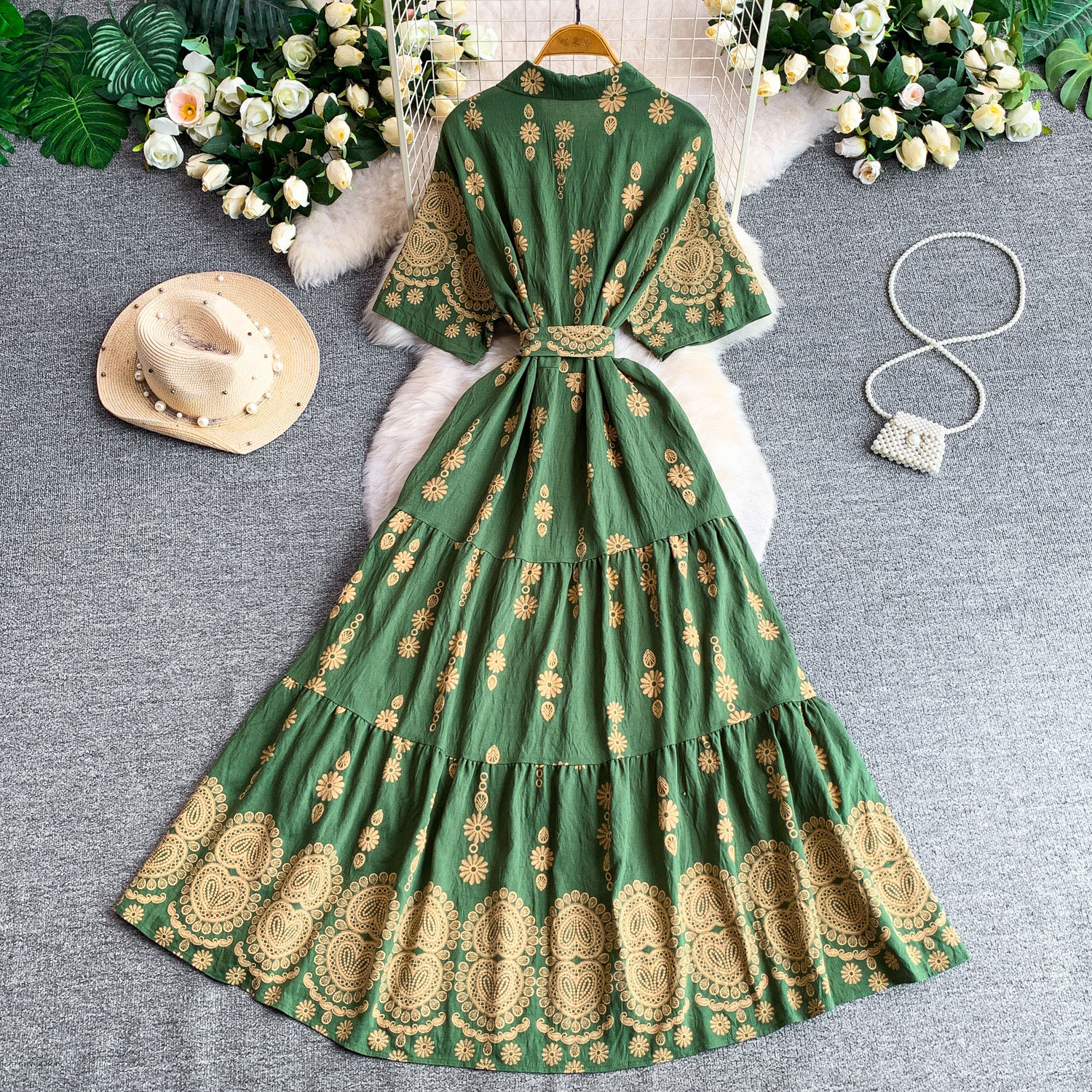 Women's French Retro Heavy Embroidery Lapel Dress Korean Style Single-Breasted Slimming Ruffled Long Skirt Summer Dress_ecoleips.com