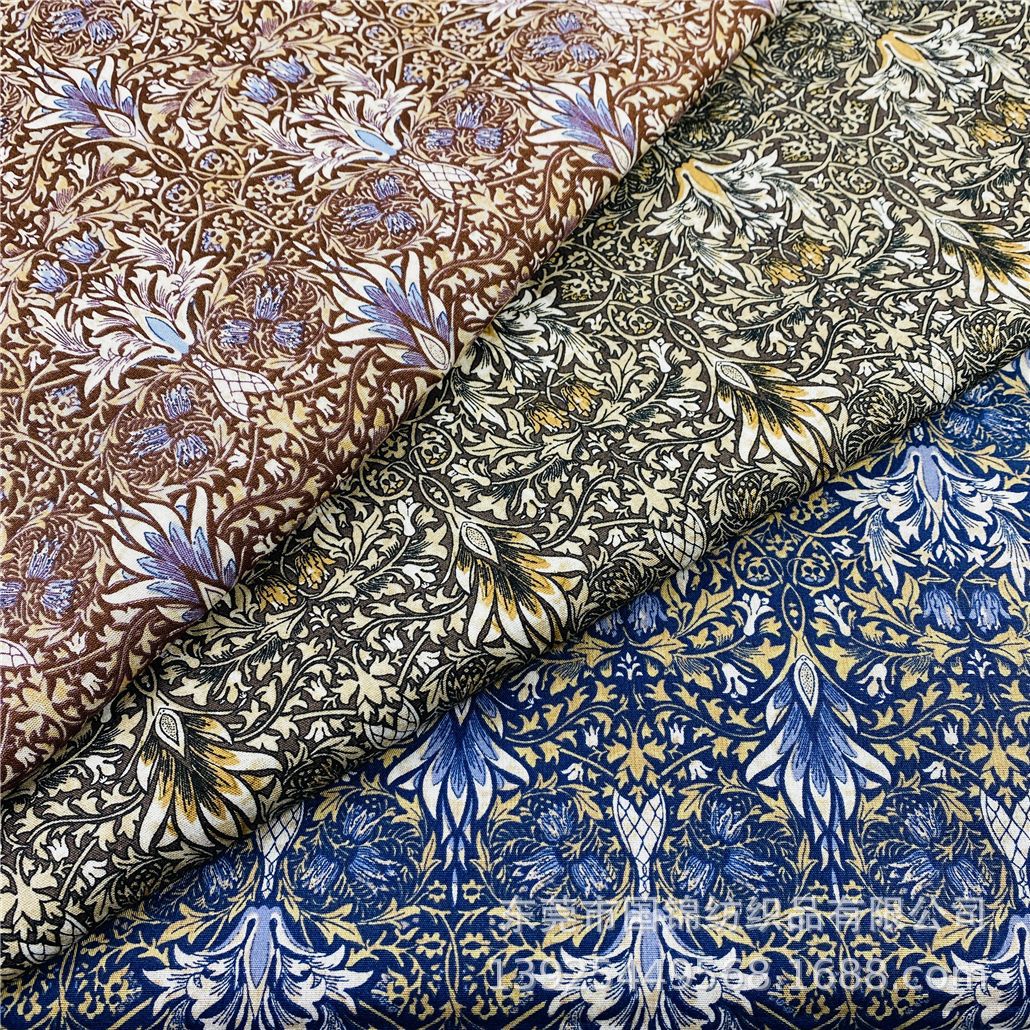 春夏薄款复古风印花布 40支棉布印宫廷花 衬衣连衣裙服装面料