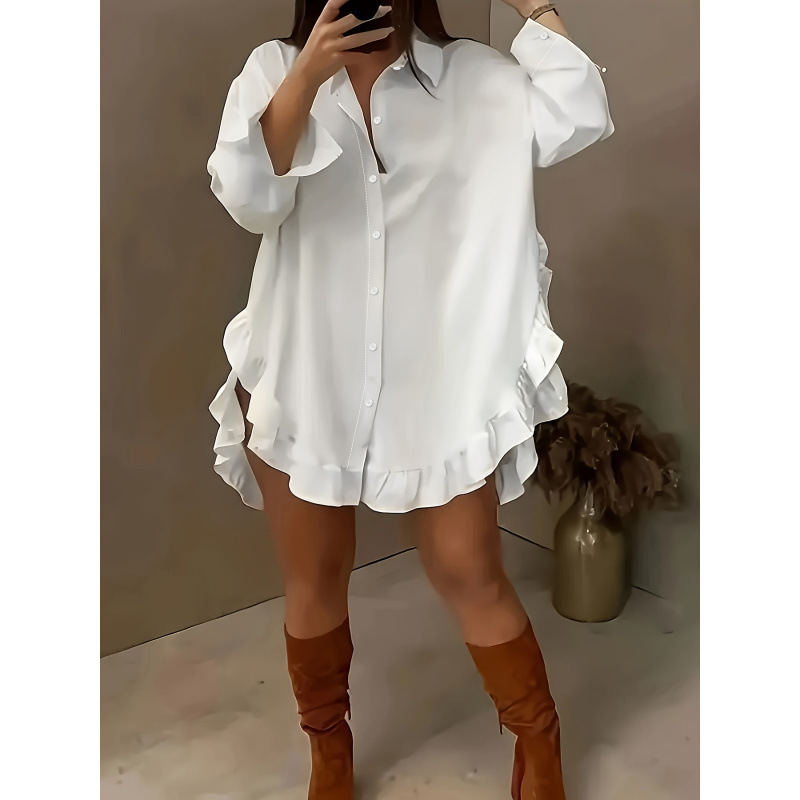 Cross-border Women's Explosions Lotus Leaf Lace White Shirt 2024 Autumn European and American Casual Loose Shirt Cardigan Women