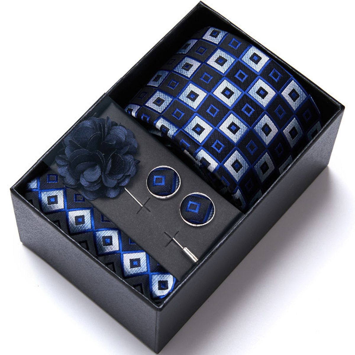 男性の新しい青いストライプのプリントネクタイのスカーフのカフスの胸の花のギフトボックスの包装の贈り物の佳品は祝日に適します。