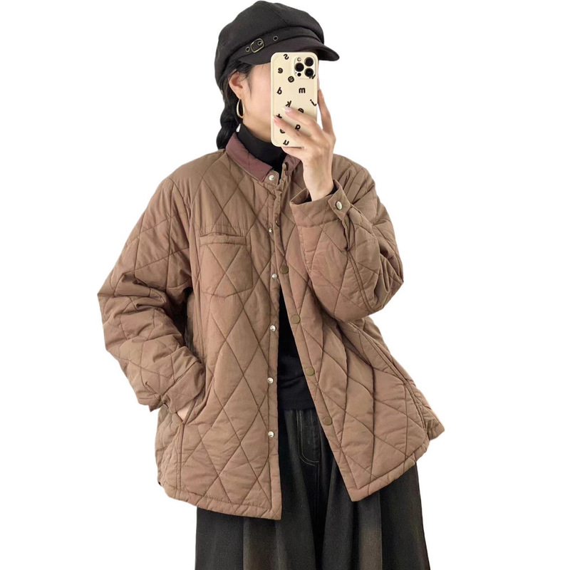 夹棉棉衣 2025冬季新款 复古保暖菱格休闲棉服女文艺拼色立领外套|undefined