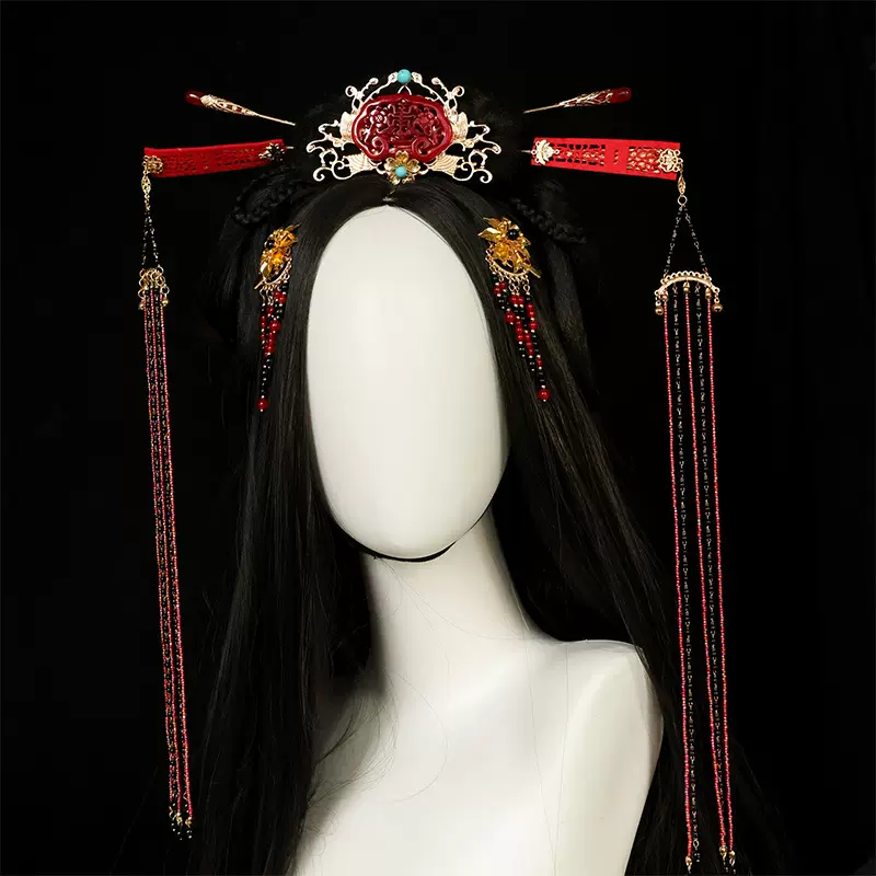 新款战国风黑红长流苏发饰套装古装汉服女帝妆造发钗发簪发冠全套