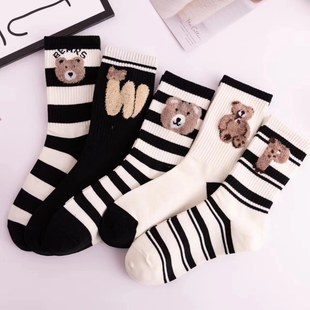 Warm socks for women autumn and winter new women's stockings three-dimensional plush bear white socks Korean striped socks for delivery