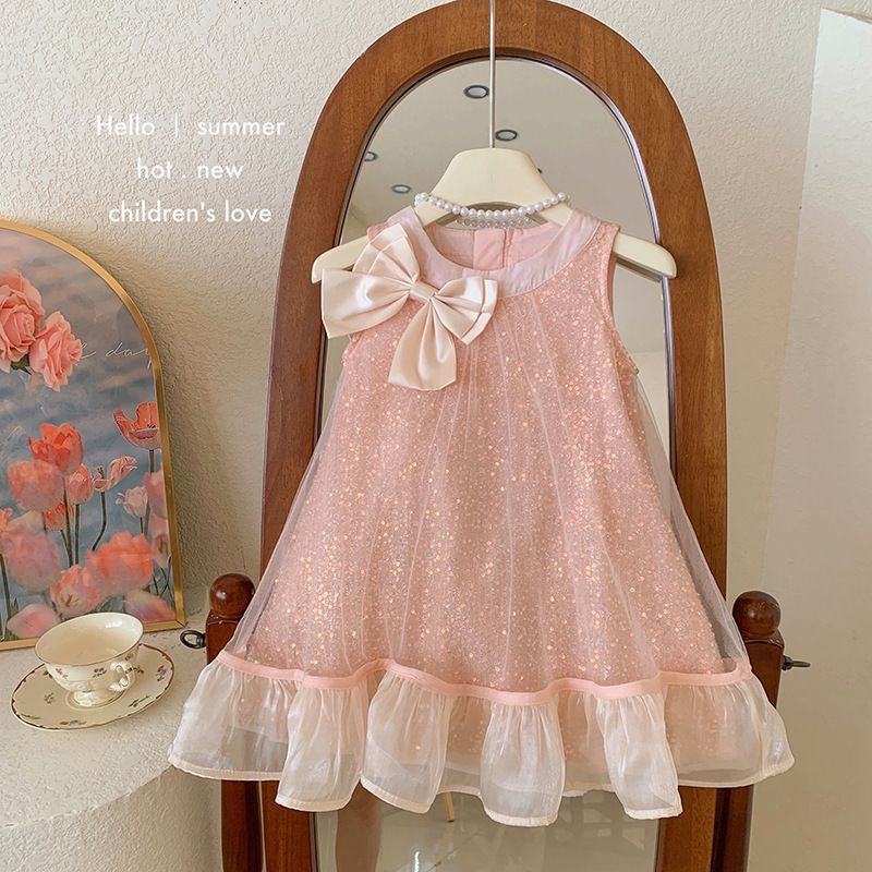 Korean Style New Sleeveless Girls' Dress Summer Baby Girl's Bow Mesh Elegant Children's Birthday Princess Dress