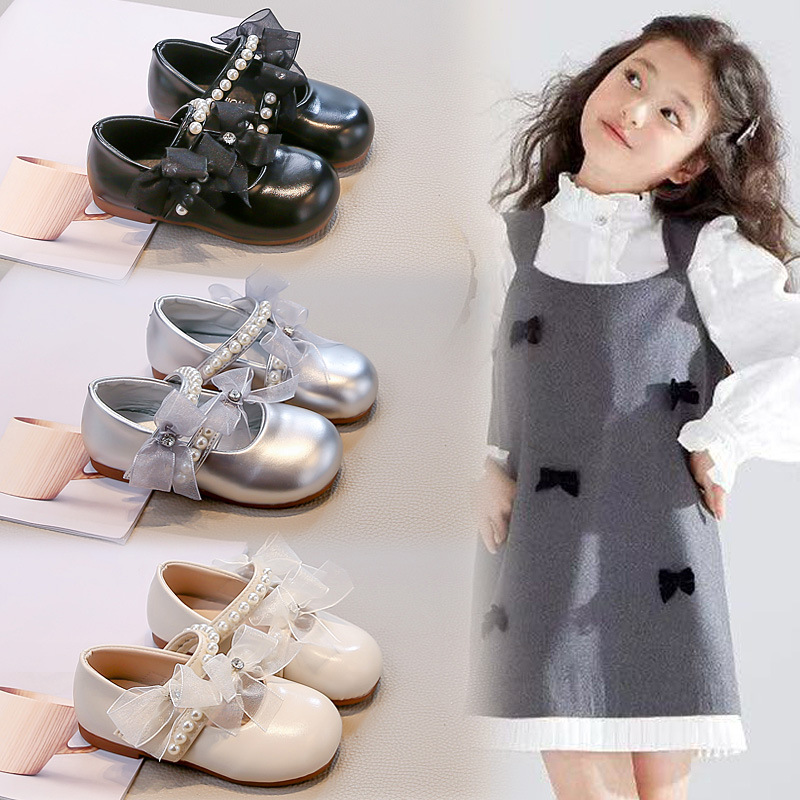 Girls Princess Shoes Little Girl Spring & Fall New Bow Pearl Rhinestone Leather Shoes Fashionable Soft Sole Performance Dance Shoes