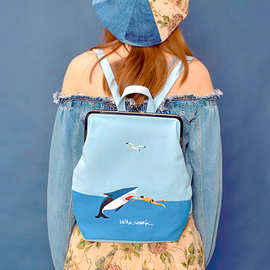 YIZI STORE鲨鱼系列帆布刺绣口金双肩包-鲨鱼/手掌/摩托女人