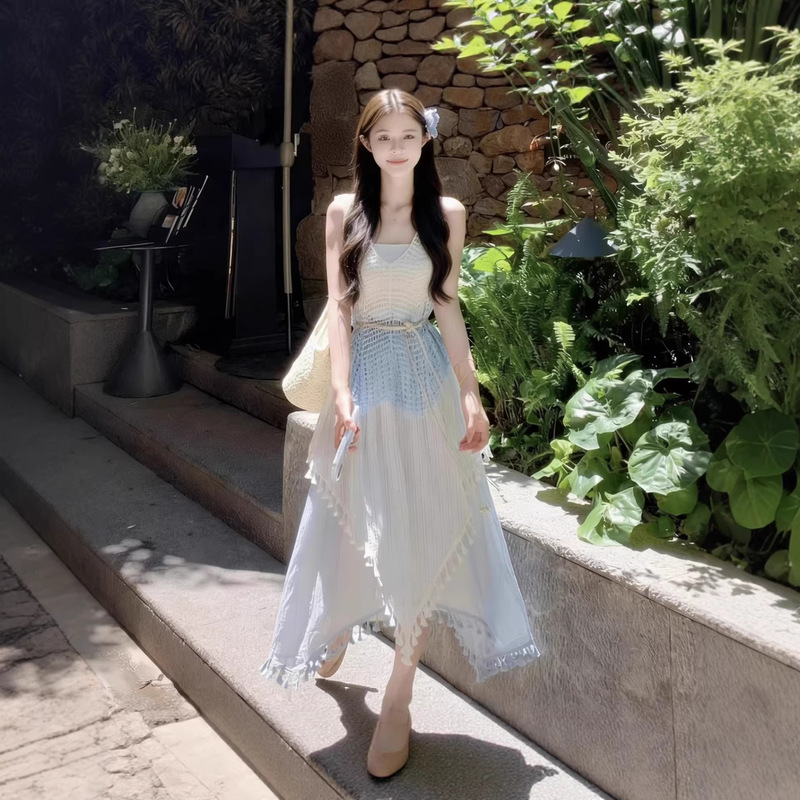 New Holiday-Style Blue Layered Qinghai-Xinjiang Grassland Ethnic Style Dress with Hollow-Out Blouse Three-Piece Set New Holiday-Style Blue Layered Qinghai-Xinjiang Grassland Ethnic Style Dress with Hollow-Out Blouse Three-Piece Set