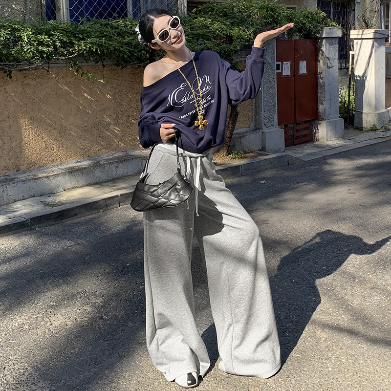 25th ootd!韩系双腰撞色｜休闲裤女松紧腰抽绳设计宽松阔腿直筒裤