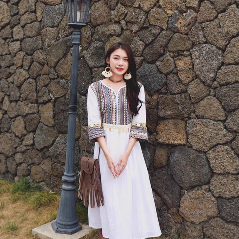 Cotton and linen spring and summer women's elegant slim sequin slimming ethnic style three-quarter sleeve white embroidered mid-length dress