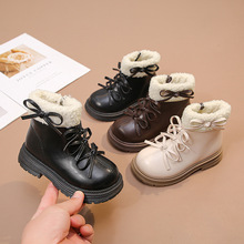 女童加绒2025马丁靴韩版蝴蝶结毛毛短靴中大童棉靴厚底公主风靴子