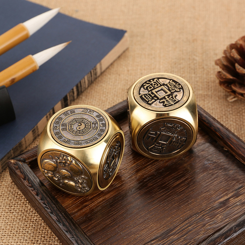 Brass Relief Three-Dimensional Six-Sided Bagua Rotating Handle Piece Stress Relief Money-Making Toy Five Emperors Copper Coin Ornament