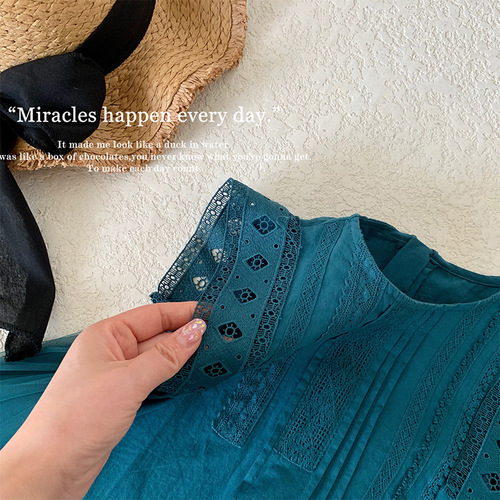  Girls Summer Turquoise Mesh Splicing Large Skirt Sleeveless Lace Vest Dress Princess Dress Trendy