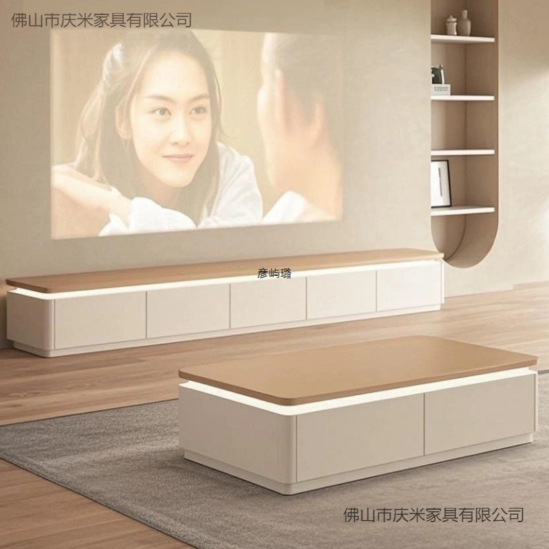 Log Cream Style French Tv Cabinet Coffee Table Combination Rounded Corner Living Room Floor-Standing Home Small Apartment Modern and Simple