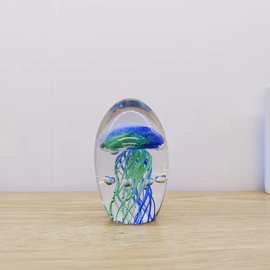 创意博山纯手工制品高档双色夜光玻璃球水母球海洋玻璃球纸镇摆件