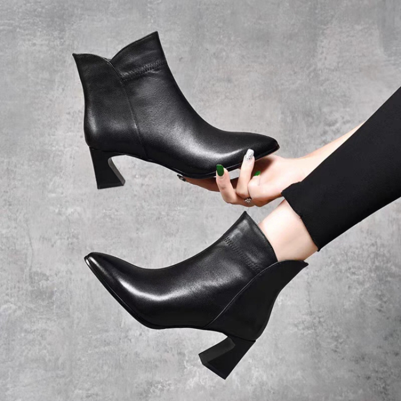 Black demi-season low boots heels with zipper