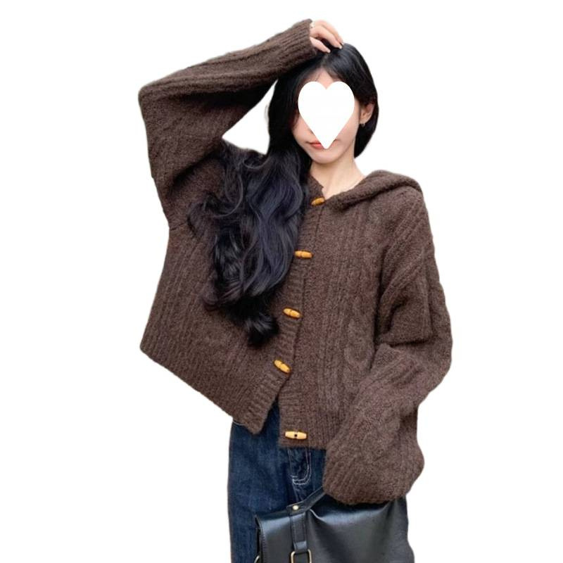 Corea del Sur a principios de otoño y invierno nuevo estilo Meilade corn hebilla con capuz cardigan suéter de mujer chaqueta de punto de tela de tela suave chaqueta pegajosa