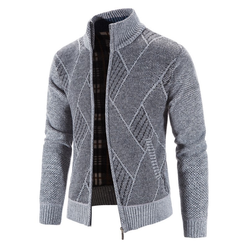 Cárdigan de punto para hombre para otoño e invierno, suéter para hombres de mediana edad y mayores, cuello alto informal, suéter jacquard de manga larga para hombre.