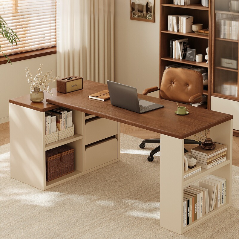Vintage-style office desk, bedroom corner computer desk, workbench, home-use solid wood corner desk with integrated bookshelf Vintage-style office desk, bedroom corner computer desk, workbench, home-use solid wood corner desk with integrated bookshelf