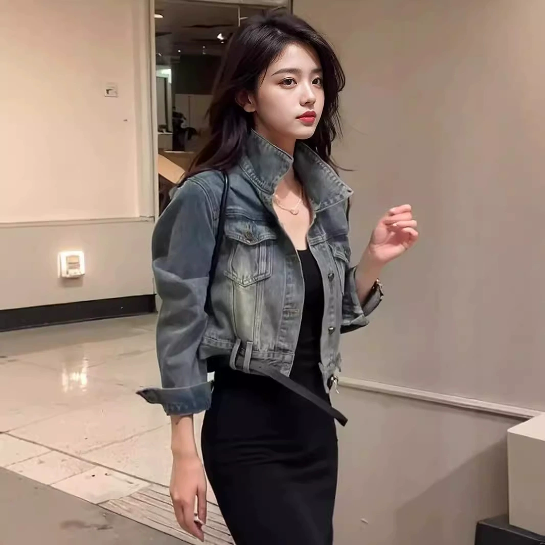 Гонконгский стиль ретро вымытые джинсовые куртки женские осенние модные личности шикарные короткие дикие пиджаки