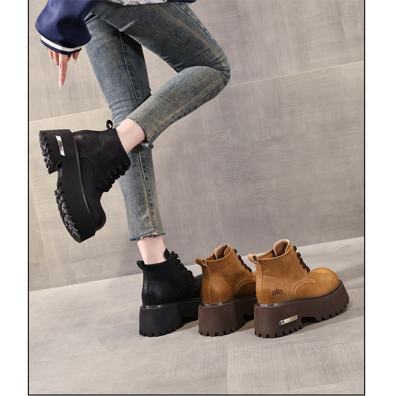 Giày boot nữ đế dày tăng chiều cao, dây buộc, phong cách đa năng — màu đen chi tiết 15
