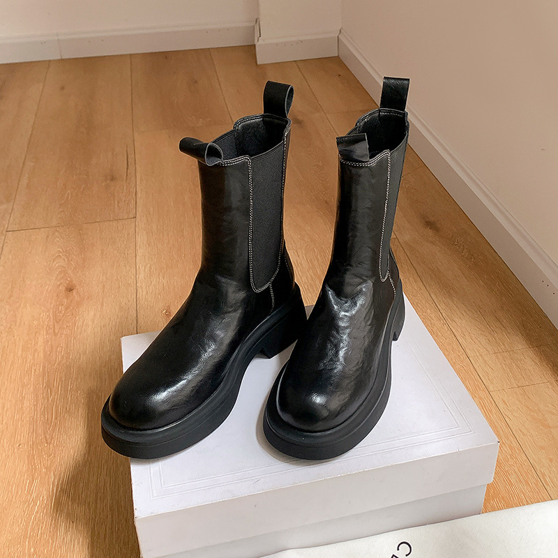 Cowhide Style 2025 Autumn and Winter New Model, Textured Horsehide Elastic Band Thick-Soled Chunky Heel Short Chelsea Boots for Women