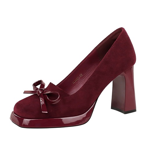 9987-H81 Korean Version Square Waterproof Platform High Heel Pumps with Faux Leather Bow Decoration Women's Shoes with Open Mouth and Extra High Heel
