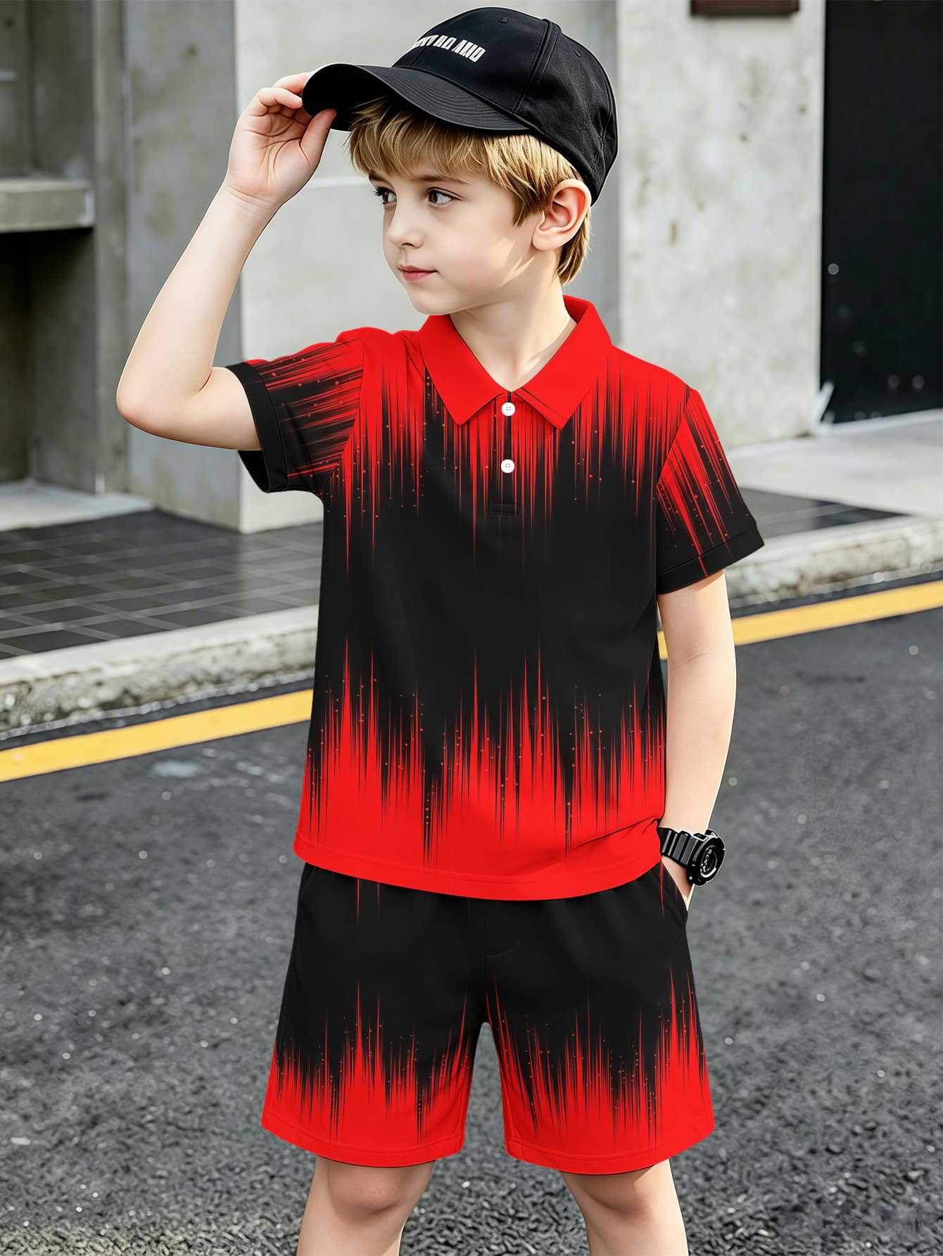 Conjunto de polo e calções para menino com estampado 3d_voghion.com