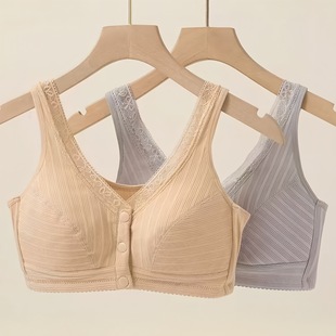 Middle-Aged and Elderly Women's Open-Front Cotton Bra, Soft Cotton Ladies' Vest-Style Wireless Plus-Size Bra with Front Clasp Design