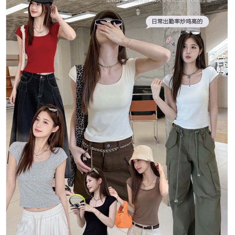 9915 Ice Silk Air Conditioning T-Shirt with Built-In Chest Pads and Flutter Sleeves, New Simple Japanese Style Slim Fit Versatile U-Neck Top for Outerwear 9915 Ice Silk Air Conditioning T-Shirt with Built-In Chest Pads and Flutter Sleeves, New Simple Japanese Style Slim Fit Versatile U-Neck Top for Outerwear