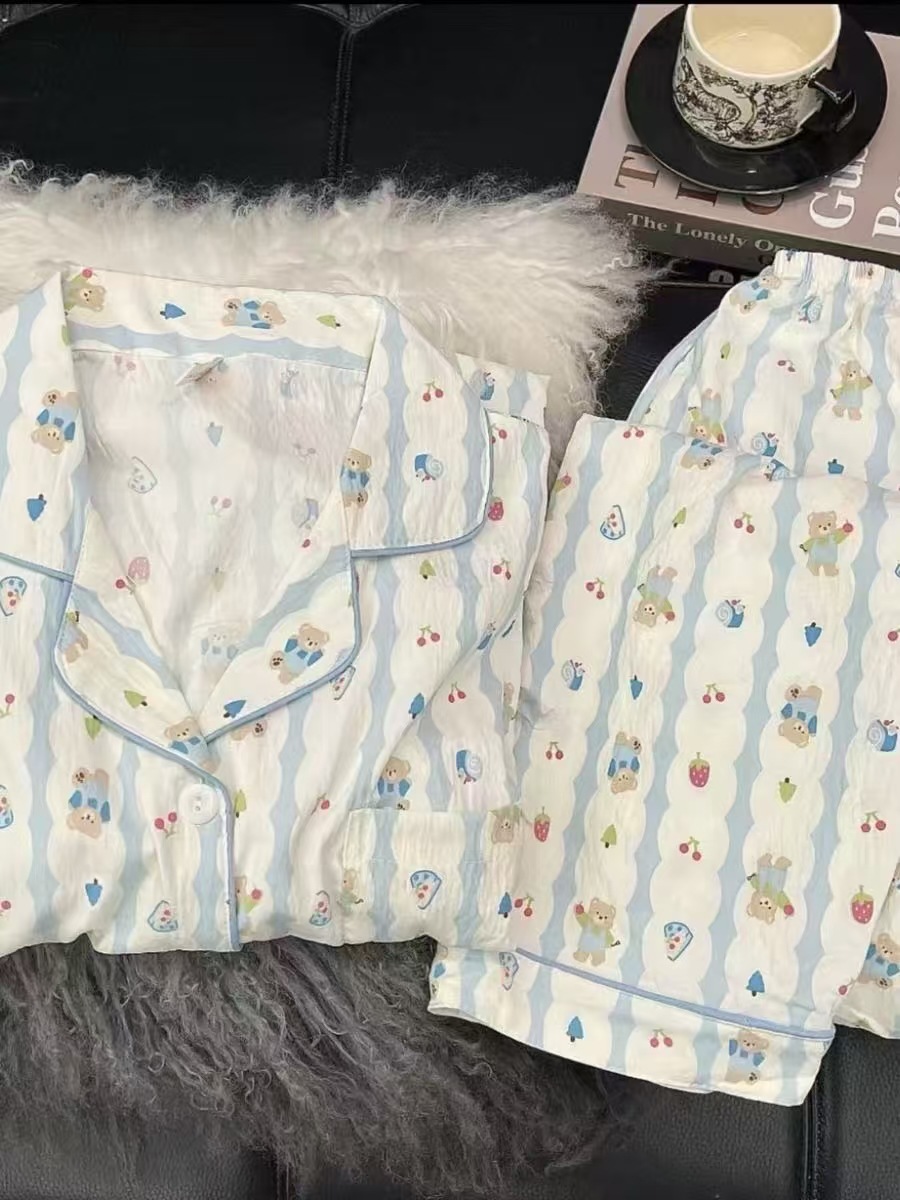 Transfronterizo al por mayor otoño nubes de algodón color sólido KT pijamas de mujer pantalones de manga larga cardigan con solapas lindos dibujos animados ropa para el hogar
