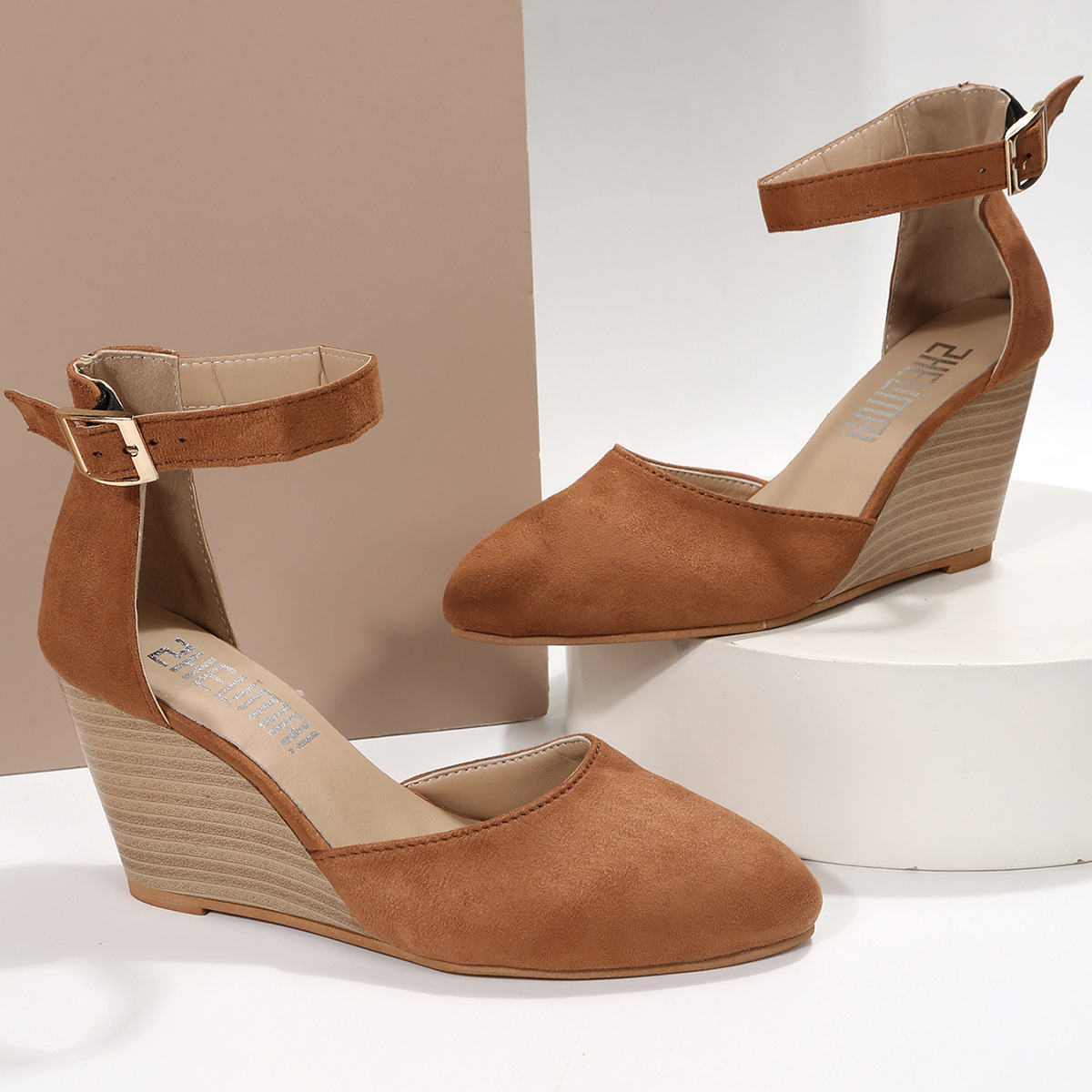 Fashionable suede retro sandals with a strap wedge heel heels
