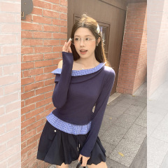 一字肩假两件格子拼接长袖T恤女2025早秋褶皱掐腰显瘦打底衫上衣